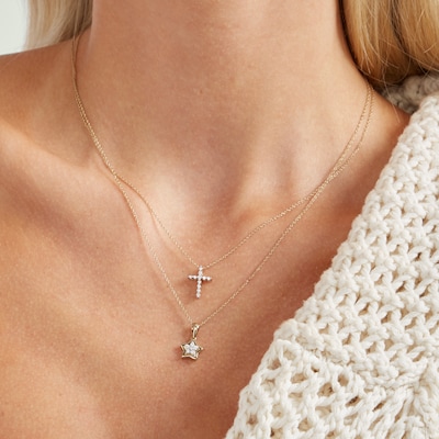 14K Gold Plated 1/8 CT. T.W. Lab Created Diamond Small Cross Pendant - 16" + 2"