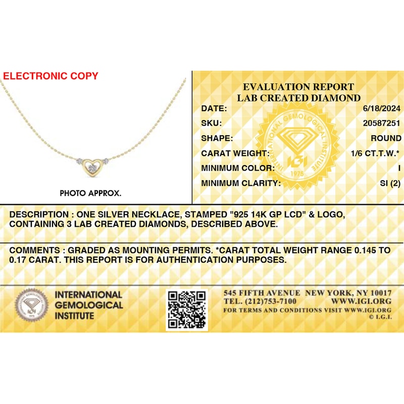 Main Image 3 of 14K Gold Plated 1/6 CT. T.W. Lab-Grown Diamond Three Stone Heart Pendant Necklace - 18"