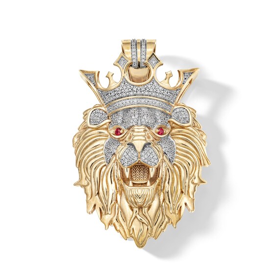 14K Gold Plated 1 CT. T.W. Diamond and Ruby Crowned Lion Necklace Charm