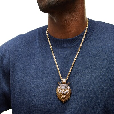 14K Gold Plated 1 CT. T.W. Diamond and Ruby Crowned Lion Necklace Charm