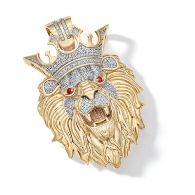 14K Gold Plated 1 CT. T.W. Diamond and Ruby Crowned Lion Necklace Charm