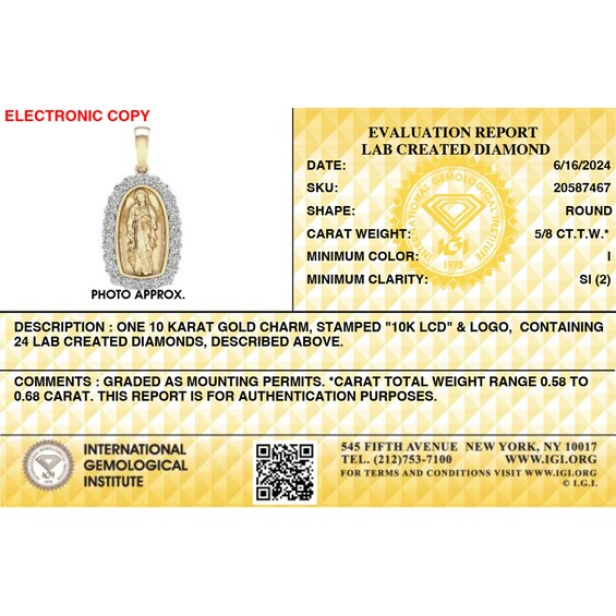 10K Solid Gold 5/8 CT. T.W. Lab-Grown Diamond Our Lady of Guadalupe Necklace Charm
