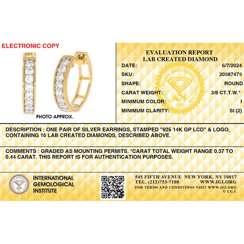 Main Image 3 of 14K Gold Plated 3/8 CT. T.W. Lab-Grown Diamond Single Row Huggie Hoops