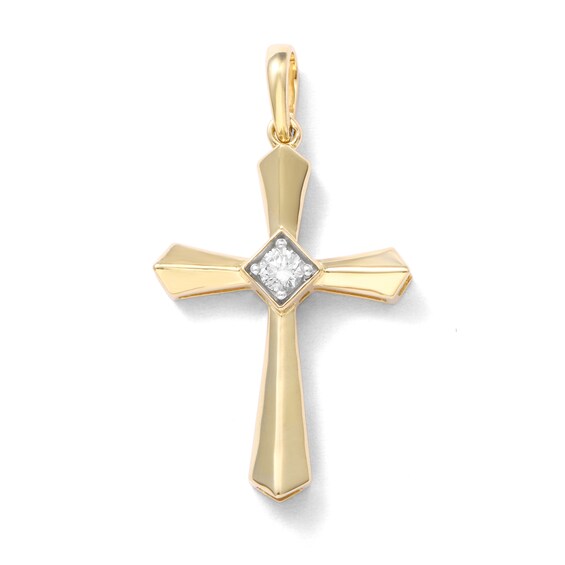 10K Solid Gold 1/10 CT. TW. Lab-Created Diamond Center Stone Cross Necklace Charm