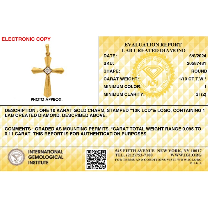 Main Image 3 of 10K Solid Gold 1/10 CT. TW. Lab-Grown Diamond Center Stone Cross Necklace Charm