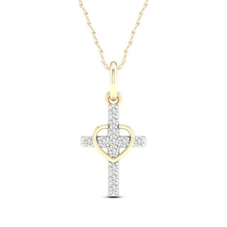 10K Solid Gold 1/15 CT. T.W. Lab-Grown Diamond Small Cross Heart Pendant - 18"