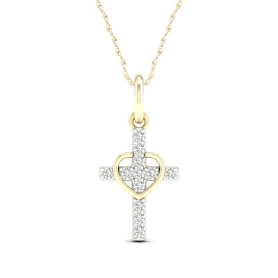 10K Solid Gold 1/15 CT. T.W. Lab-Grown Diamond Small Cross Heart Pendant - 18"