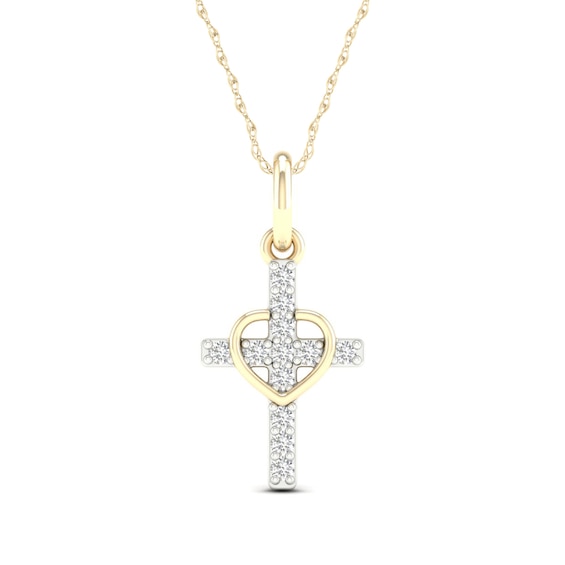 10K Solid Gold 1/15 CT. T.W. Lab-Created Diamond Small Cross Heart Pendant - 18"