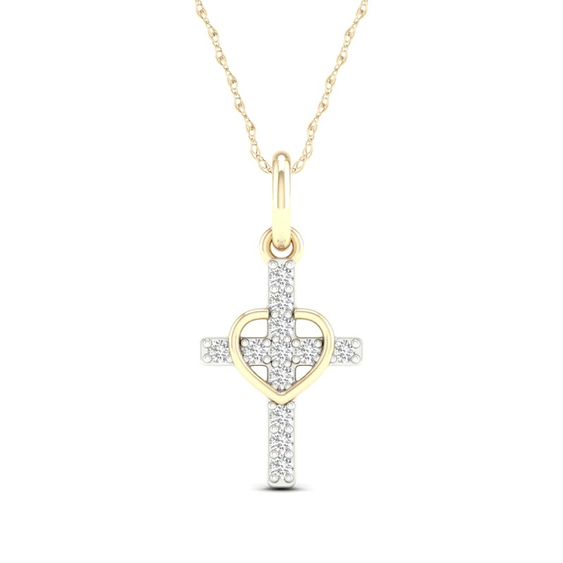 10K Solid Gold 1/15 CT. T.W. Lab-Grown Diamond Small Cross Heart Pendant - 18"
