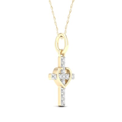 10K Solid Gold 1/15 CT. T.W. Lab-Grown Diamond Small Cross Heart Pendant - 18"