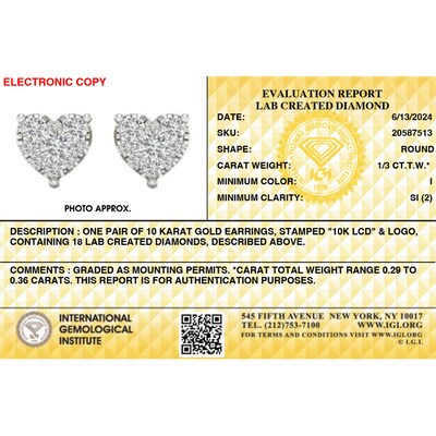 10K Solid Gold 1/3 CT. T.W. Lab-Grown Multi-Diamond Heart Studs