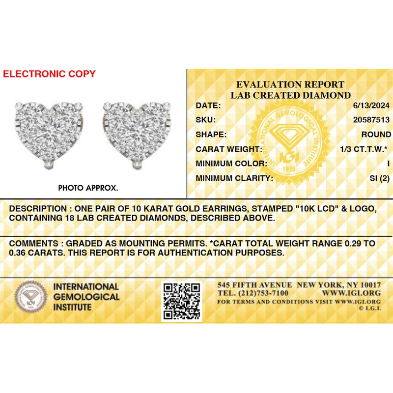 Main Image 3 of 10K Solid Gold 1/3 CT. T.W. Lab-Grown Diamond Heart Studs