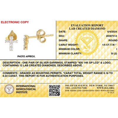 14K Gold Plated 1/5 CT. T.W. Lab-Grown Diamond Small Cross Studs