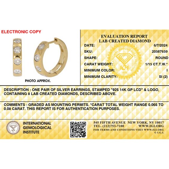 14K Gold Plated 1/15 CT. TW. Lab-Grown Diamond Huggie Hoops