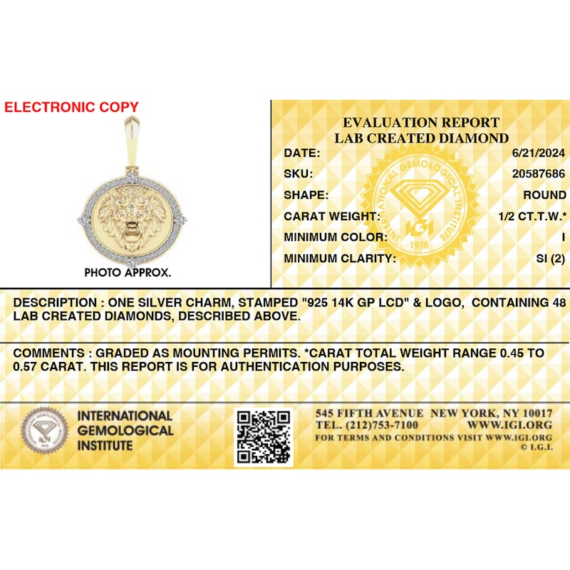 Main Image 4 of 14K Gold Plated 1/2 CT. TW. Lab-Grown Diamond Lion Medallion Necklace Charm