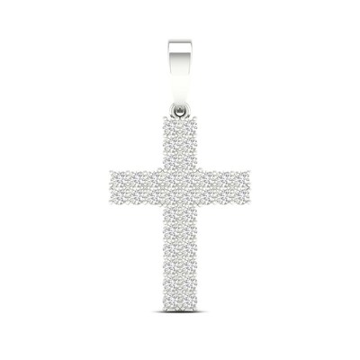 Sterling Silver 2/3 CT. T.W. Lab-Grown Diamond Double Row Cross Necklace Charm