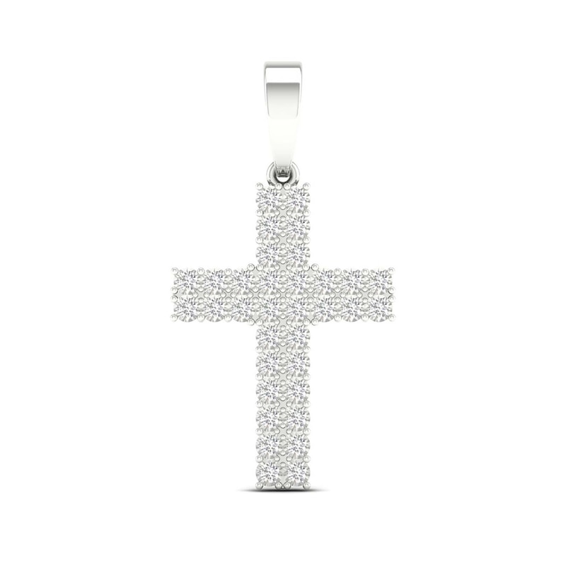 Sterling Silver 2/3 CT. T.W. Lab-Grown Diamond Double Row Cross Necklace Charm
