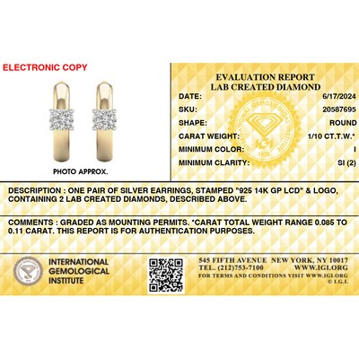 14K Gold Plated 1/10 CT. T.W. Lab-Grown Diamond Single Stone Huggie Hoops
