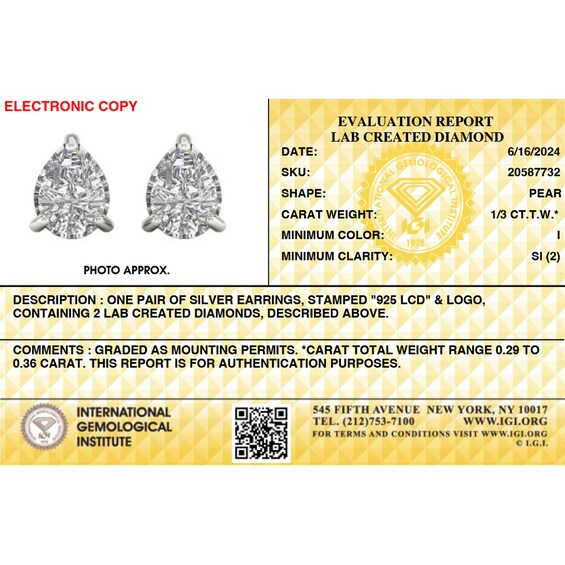 Sterling Silver 1/3 CT. TW. Pear-Shaped Lab-Grown Diamond Solitaire Studs