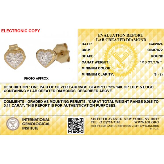 14K Gold Plated 1/10 CT. TW. Lab-Grown Diamond Small Heart Studs