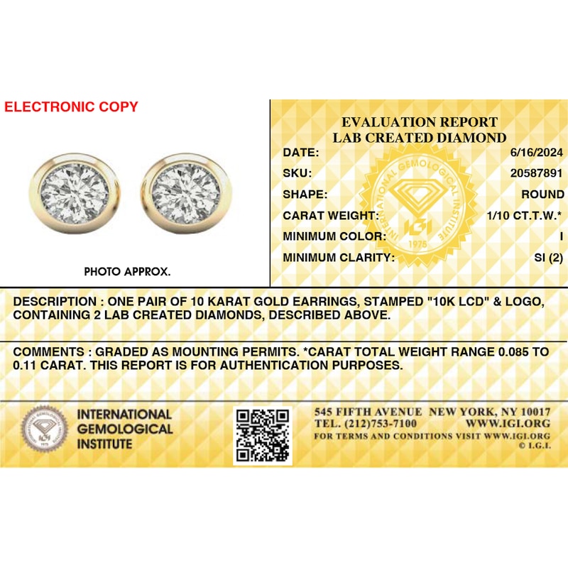 Main Image 5 of 10K Solid Gold 1/10 CT. T.W. Lab-Grown Diamond Small Bezel Set Solitaire Studs