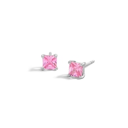 Sterling Silver CZ Pink Square Solitaire Studs