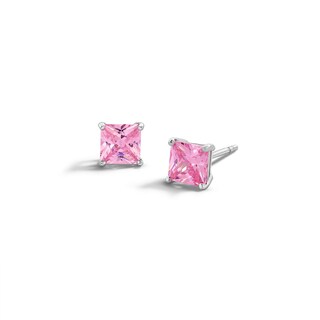 Sterling Silver CZ Pink Square Solitaire Studs