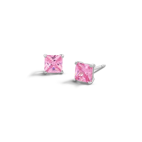 Sterling Silver CZ Pink Square Solitaire Studs