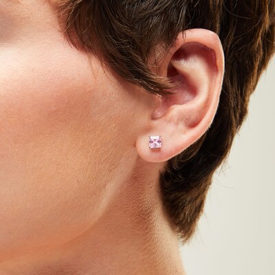 Sterling Silver CZ Pink Square Solitaire Studs