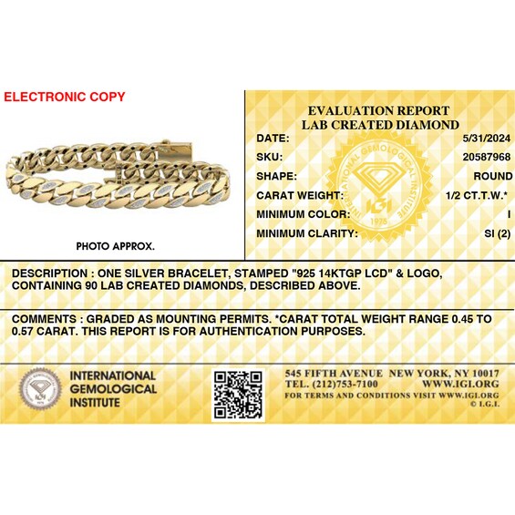 14K Gold Plated 1/2 CT. T.W. Lab-Grown Diamond Curb Link Chain Bracelet - 8.5"