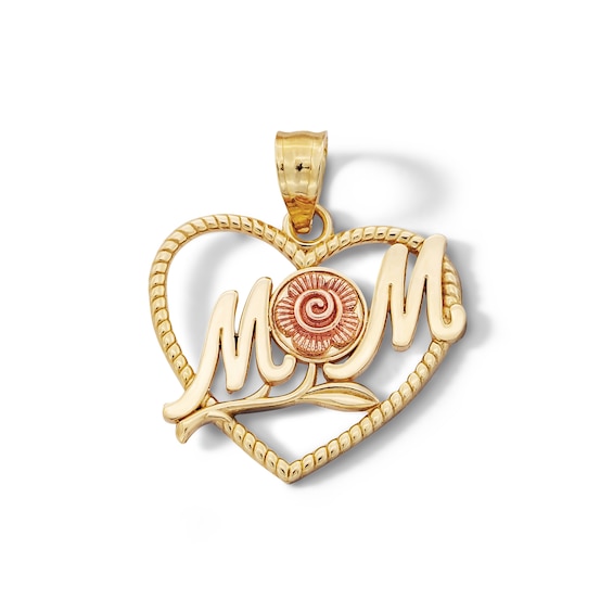 10K Solid Gold MOM Rose Heart Two-Tone Necklace Charm