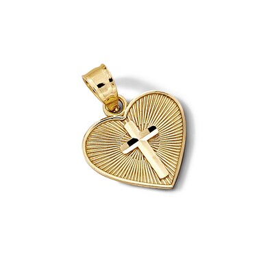 10K Solid Gold Diamond-Cut Heart with Cross Necklace Charm