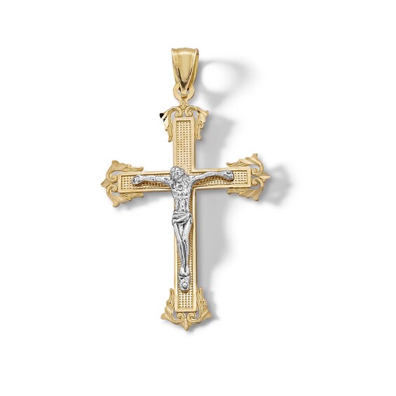 10K Solid Gold Budded End Crucifix Two-Tone Necklace Charm