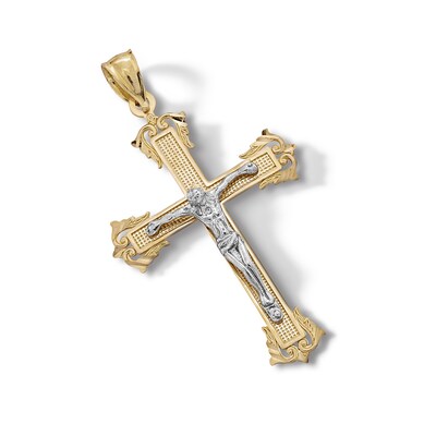 10K Solid Gold Budded End Crucifix Two-Tone Necklace Charm