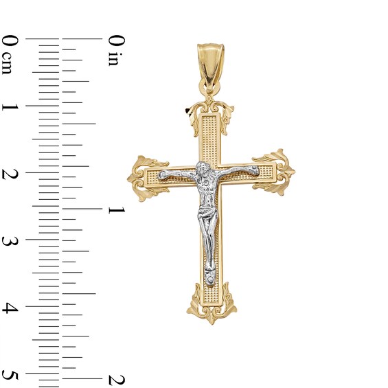 10K Solid Gold Budded End Crucifix Two-Tone Necklace Charm