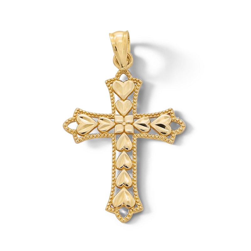 10K Solid Gold Diamond-Cut Heart Cross Necklace Charm