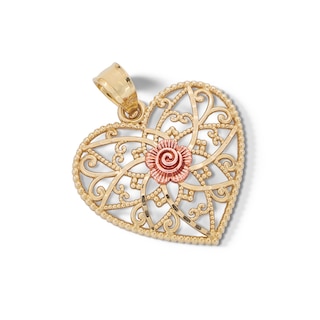 10K Solid Gold Rose Heart Two-Tone Necklace Charm