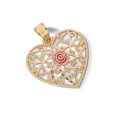10K Solid Gold Rose Heart Two-Tone Necklace Charm