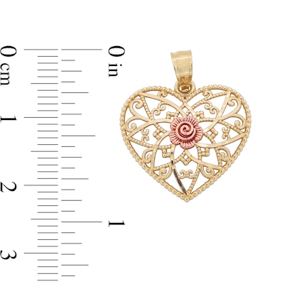 10K Solid Gold Rose Heart Two-Tone Necklace Charm
