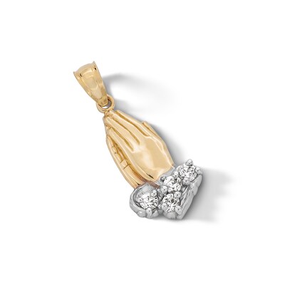 10K Solid Gold CZ Praying Hands Two-Tone Necklace Charm