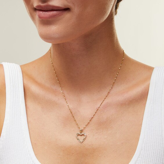 10K Solid Gold Diamond-Cut Open Heart Necklace Charm