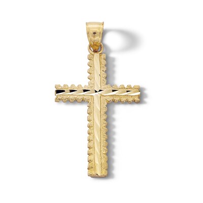 10K Solid Gold Diamond-Cut Ridge Edge Cross Necklace Charm