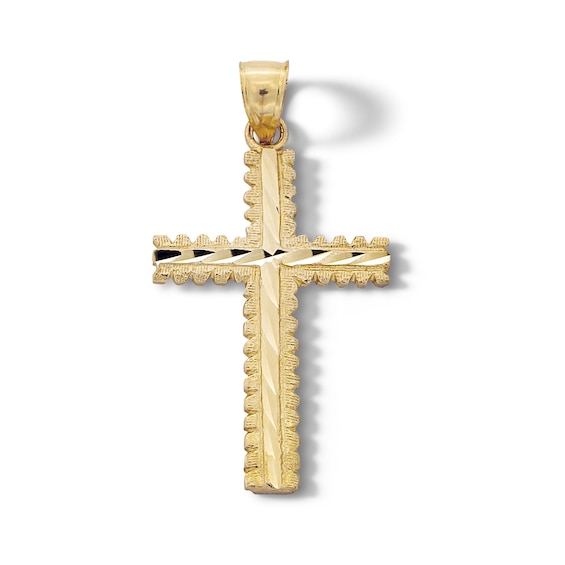 10K Solid Gold Diamond-Cut Ridge Edge Cross Necklace Charm