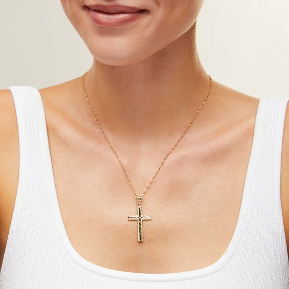 10K Solid Gold Diamond-Cut Ridge Edge Cross Necklace Charm