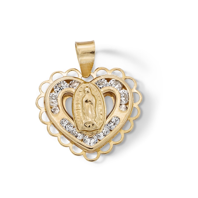 10K Semi-Solid Gold CZ Guadalupe Filigree Heart Necklace Charm
