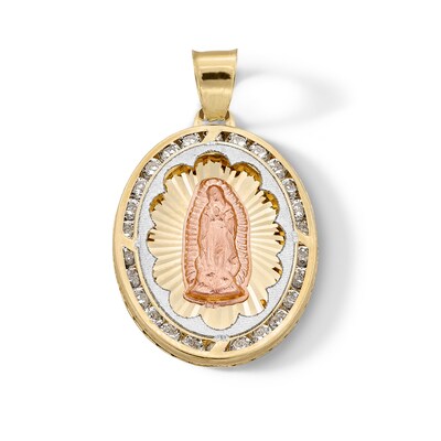 10K Semi-Solid Gold CZ Guadalupe Medallion Tri-Tone Necklace Charm