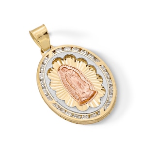 10K Semi-Solid Gold CZ Guadalupe Medallion Tri-Tone Necklace Charm
