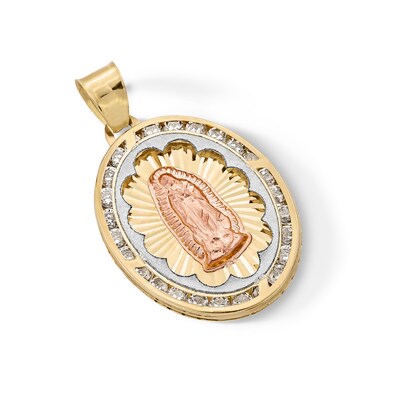 10K Semi-Solid Gold CZ Guadalupe Medallion Tri-Tone Necklace Charm