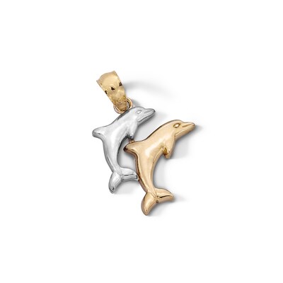 10K Solid Gold Double Dolphin Two-Tone Necklace Charm