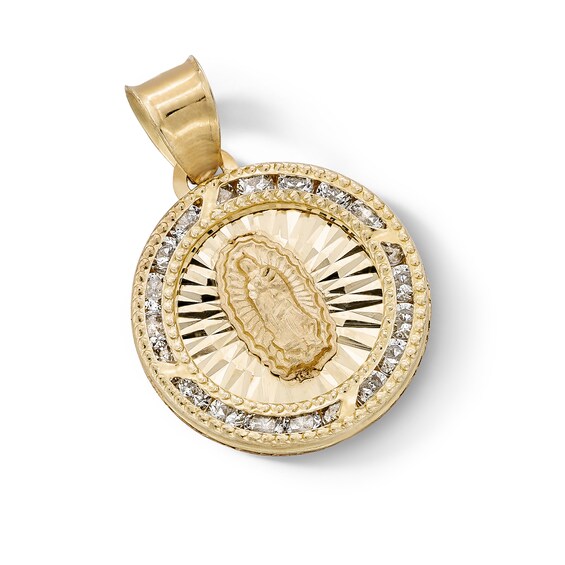 10K Semi-Solid Gold CZ Guadalupe Medallion Necklace Charm